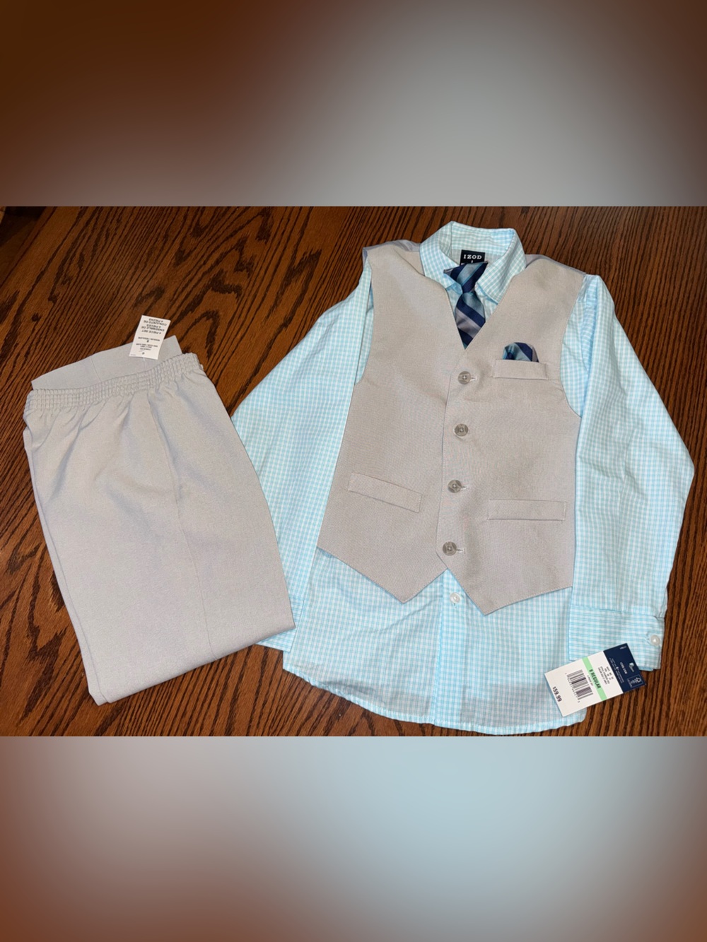 IZOD Boys Light Gray Vest with Light Blue Shirt and Gray pants